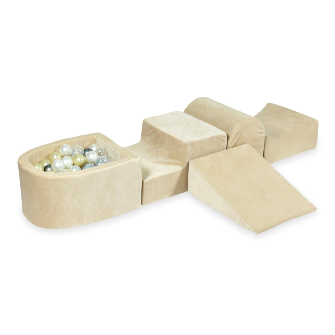Aire de jeux en mousse avec colline et piscine micro velvet soft beige + 100 balles