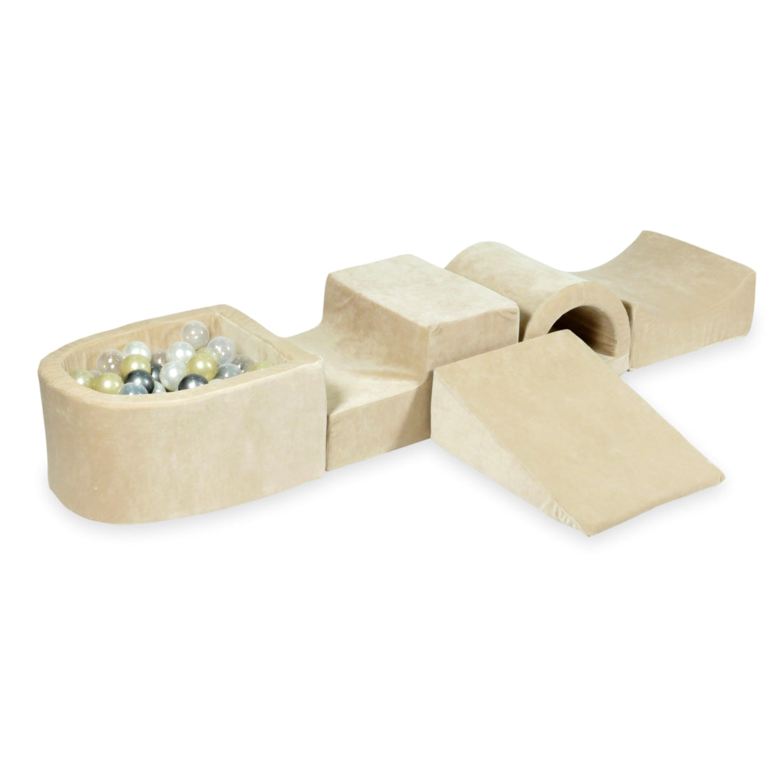 Aire de jeux en mousse avec pont et piscine micro velvet soft beige + 100 balles