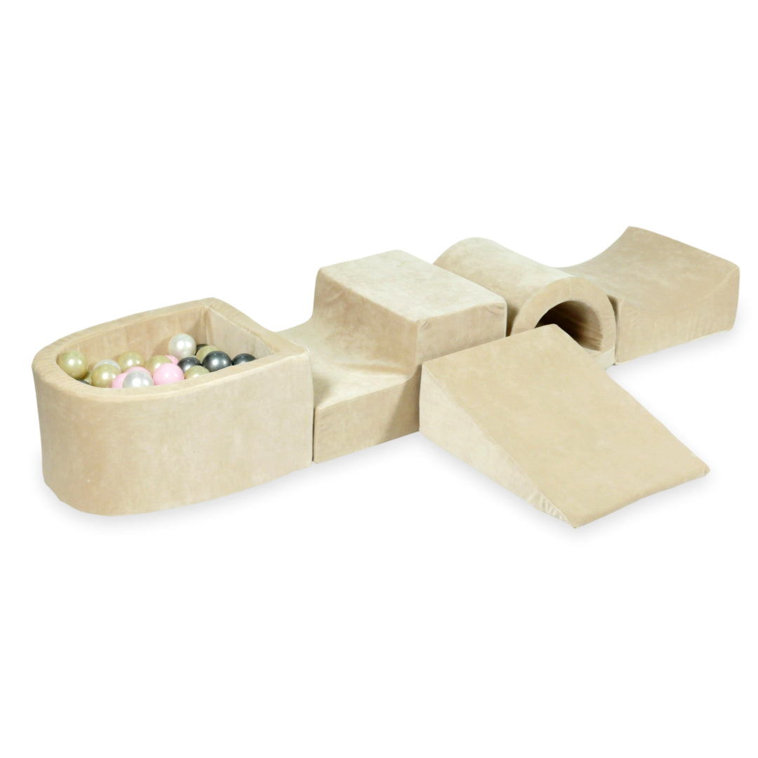 Aire de jeux en mousse avec pont et piscine micro velvet soft beige + 100 balles