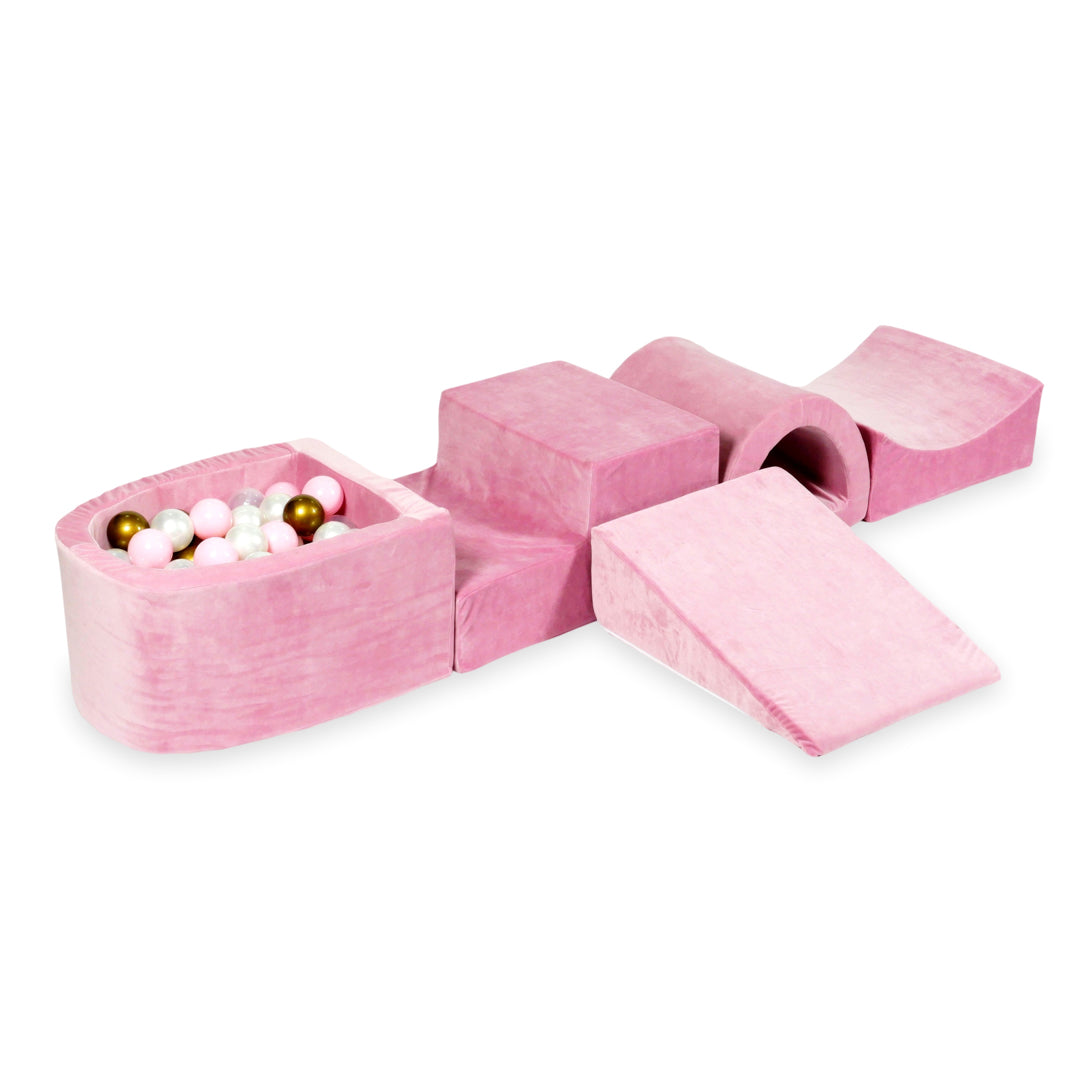 Aire de jeux en mousse avec pont et piscine micro velvet soft rose + 100 balles