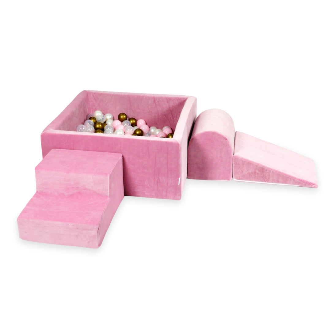 Aire de jeux en mousse avec piscine à balles carrée set de jeu enfant 90x90x40 velvet soft rose + 400 balles