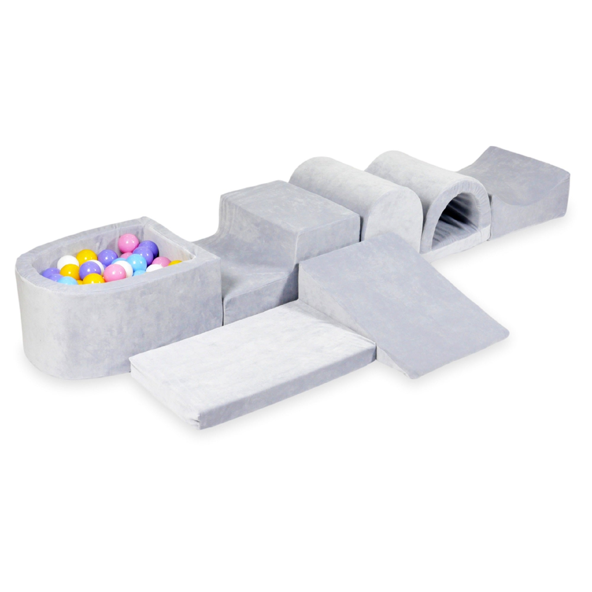 Plus grande aire de jeux en mousse avec piscine micro velvet soft gris clair + 100 balles