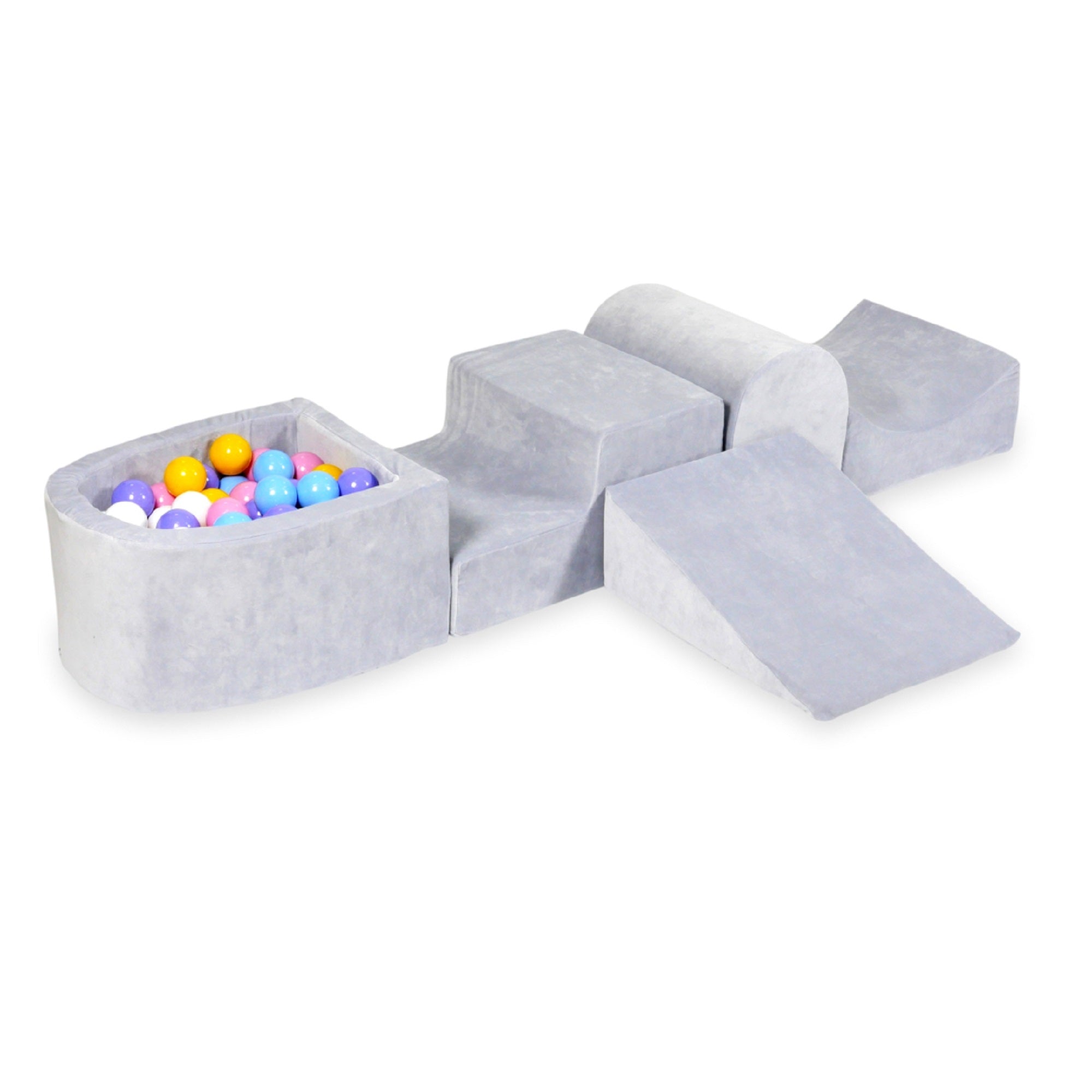 Aire de jeux en mousse avec colline et piscine micro velvet soft gris clair + 100 balles