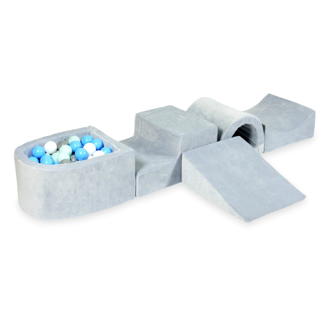 Aire de jeux en mousse avec pont et piscine micro velvet soft gris clair + 100 balles