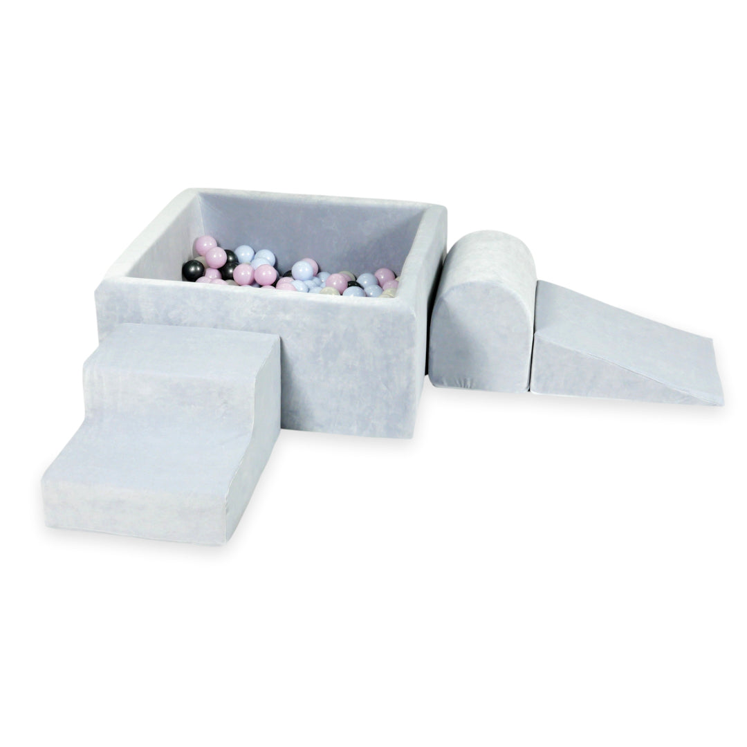 Aire de jeux en mousse avec piscine à balles carrée set de jeu enfant 90x90x40 velvet soft gris clair + 400 balles