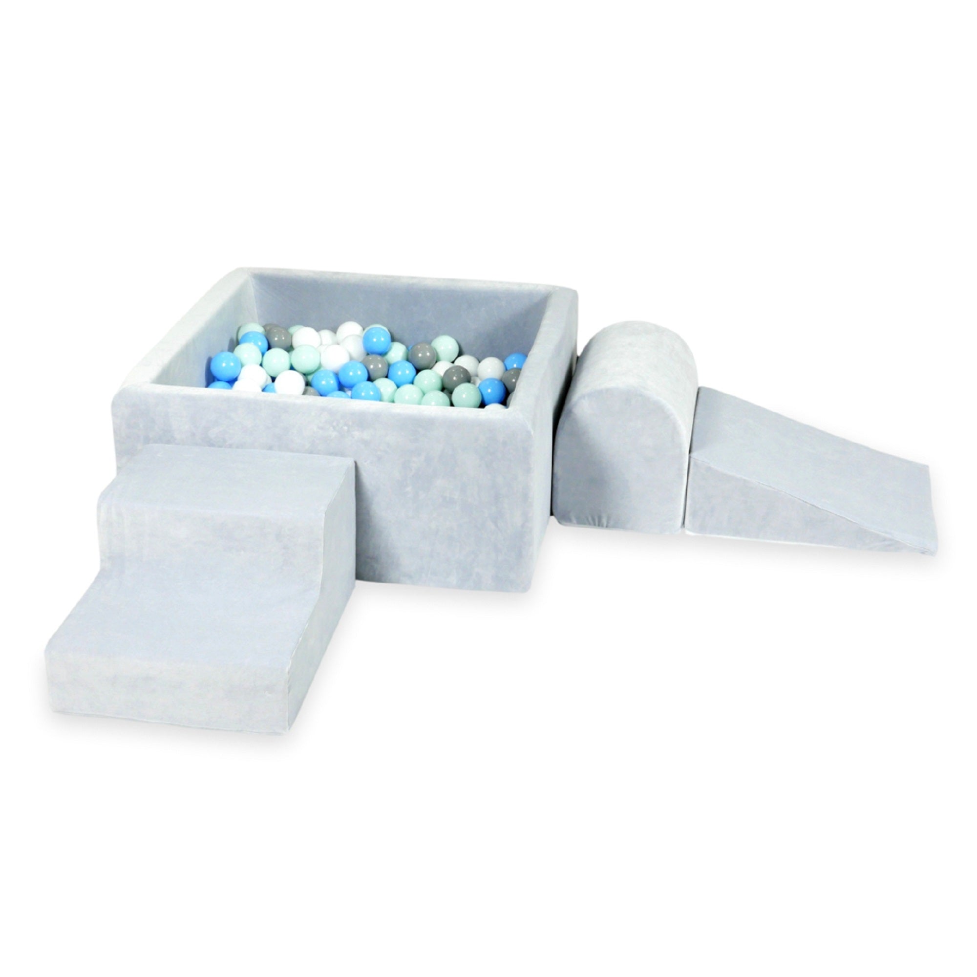 Aire de jeux en mousse avec piscine à balles carrée set de jeu enfant 90x90x40 velvet soft gris clair + 400 balles