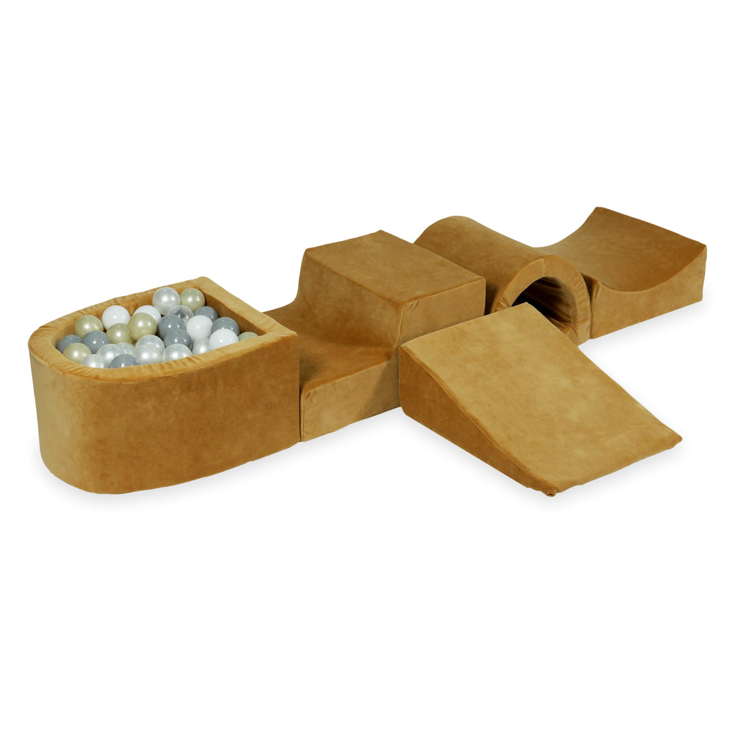 Aire de jeux en mousse avec pont et piscine micro velvet soft carmel + 100 balles
