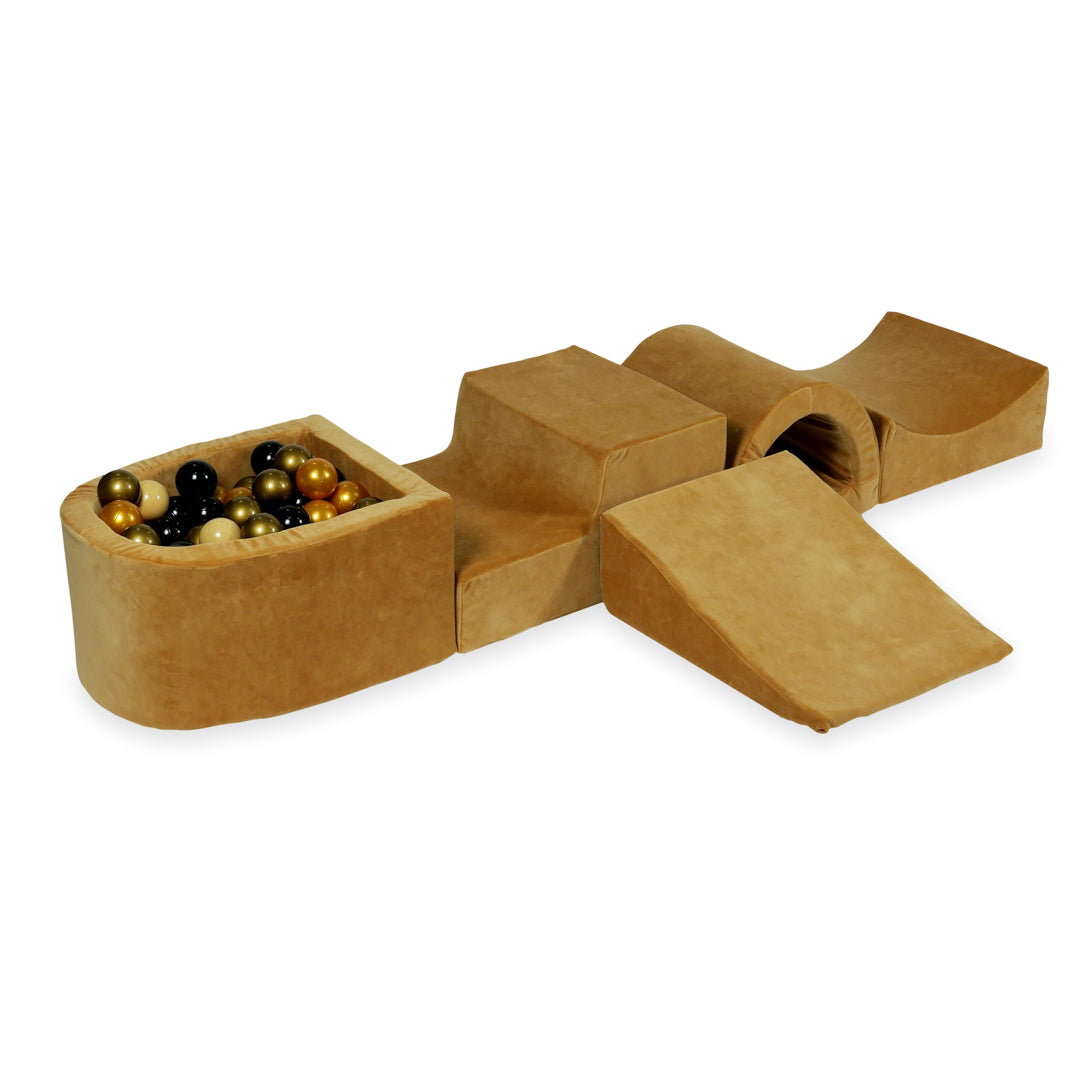 Aire de jeux en mousse avec pont et piscine micro velvet soft carmel + 100 balles
