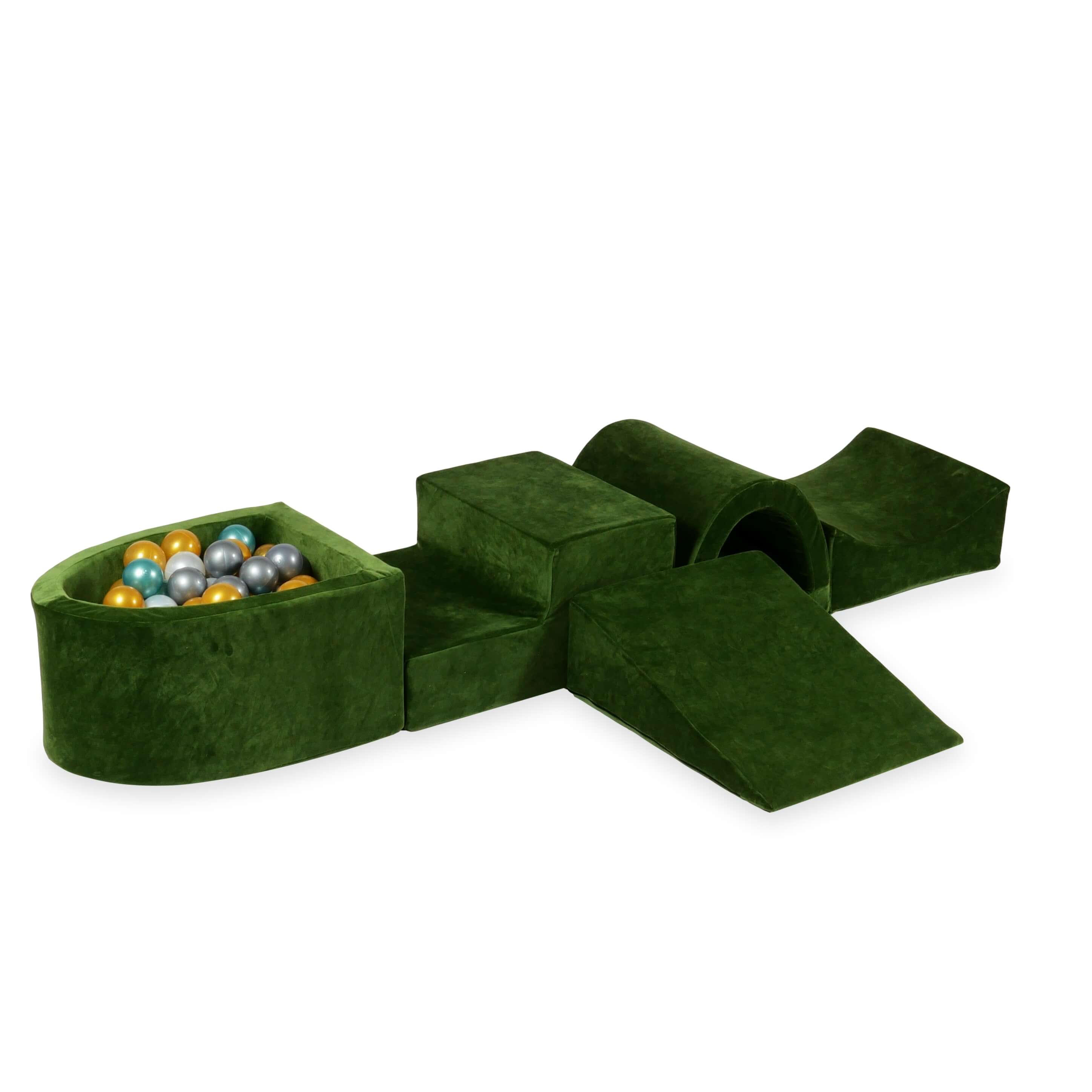 Aire de jeux en mousse avec pont et piscine micro velvet soft olive + 100 balles