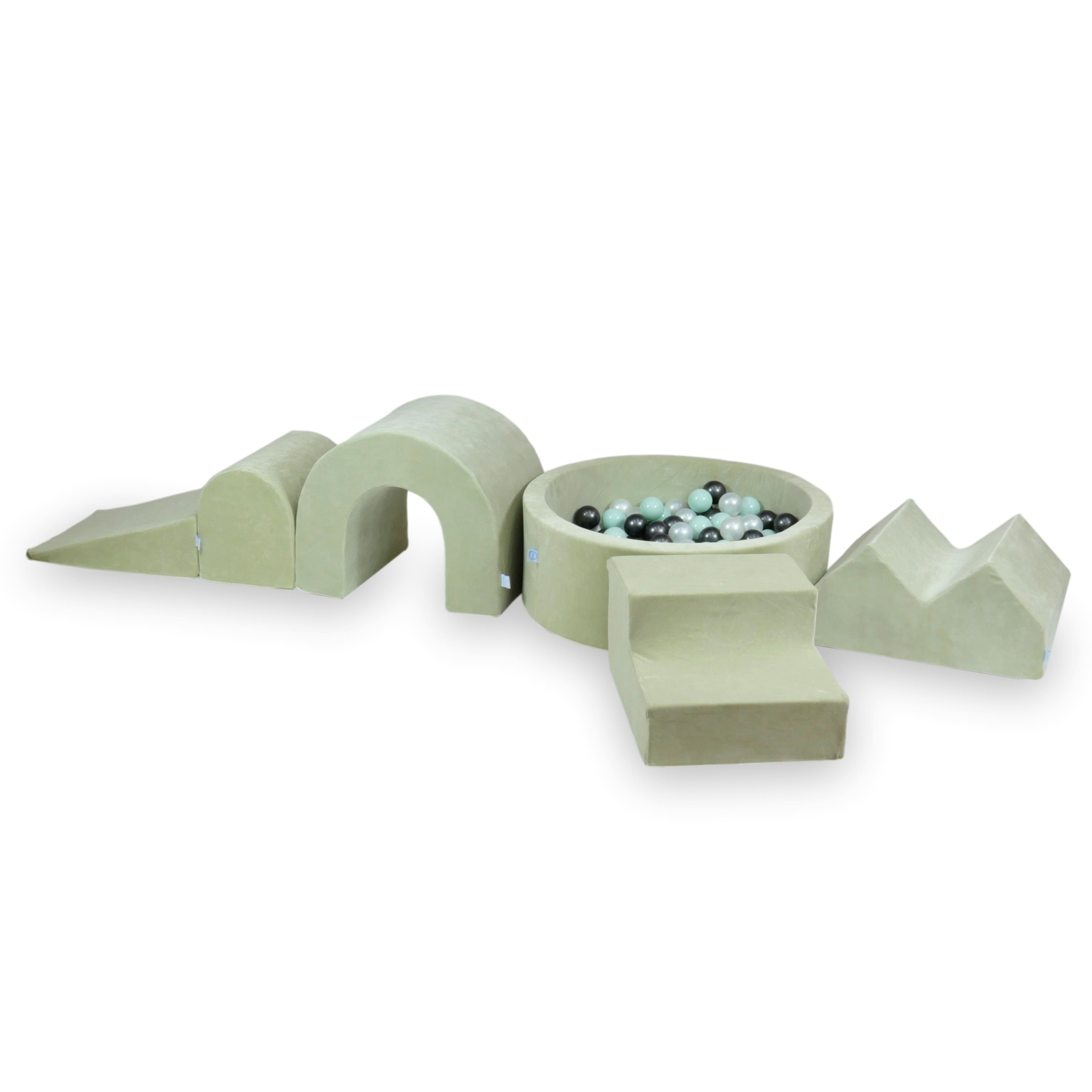 Aire de jeux en mousse avec piscine ronde 90x30 velvet soft pistachio + 5 éléments + 200 balles