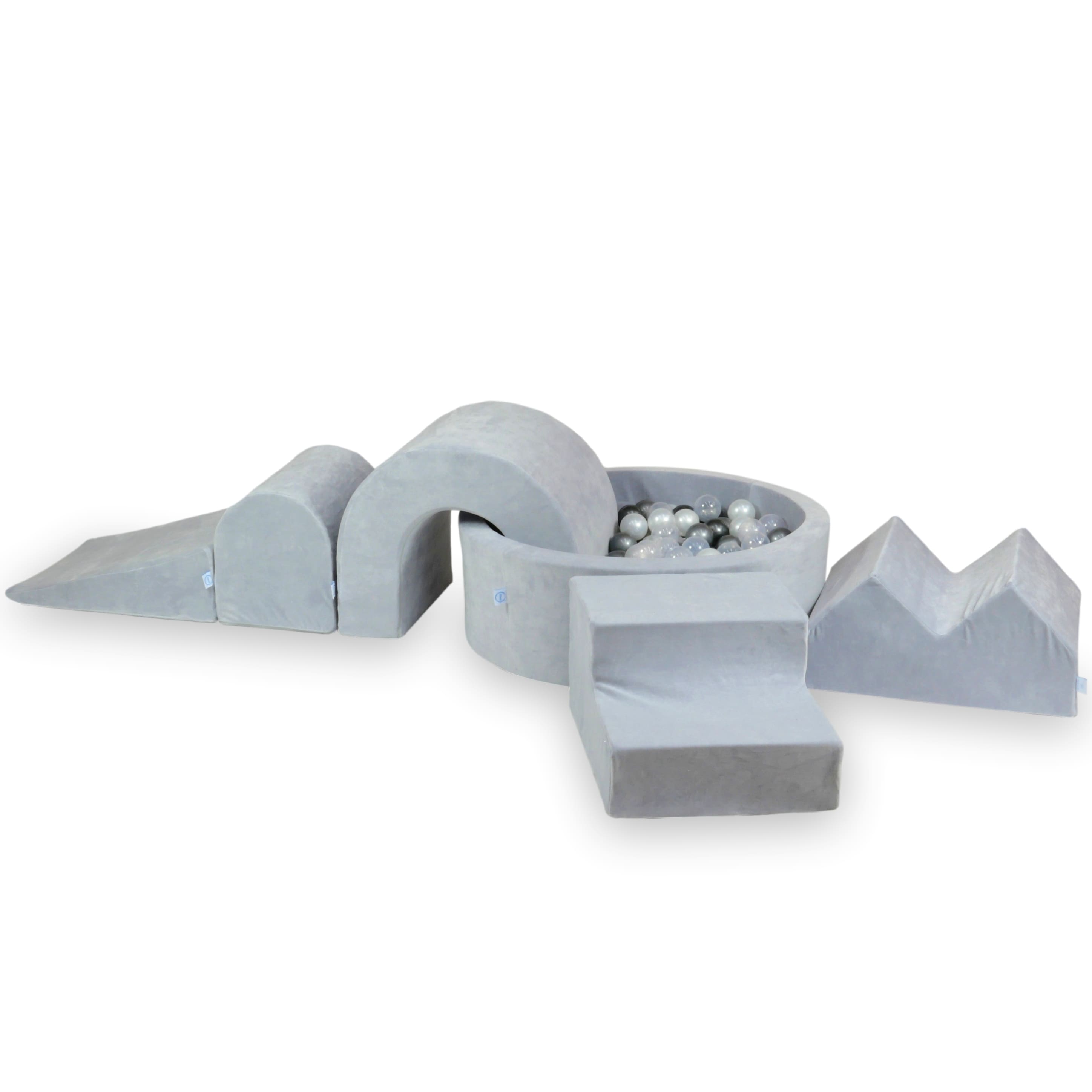 Aire de jeux en mousse avec piscine ronde 90x30 velvet soft gris clair + 5 éléments + 200 balles