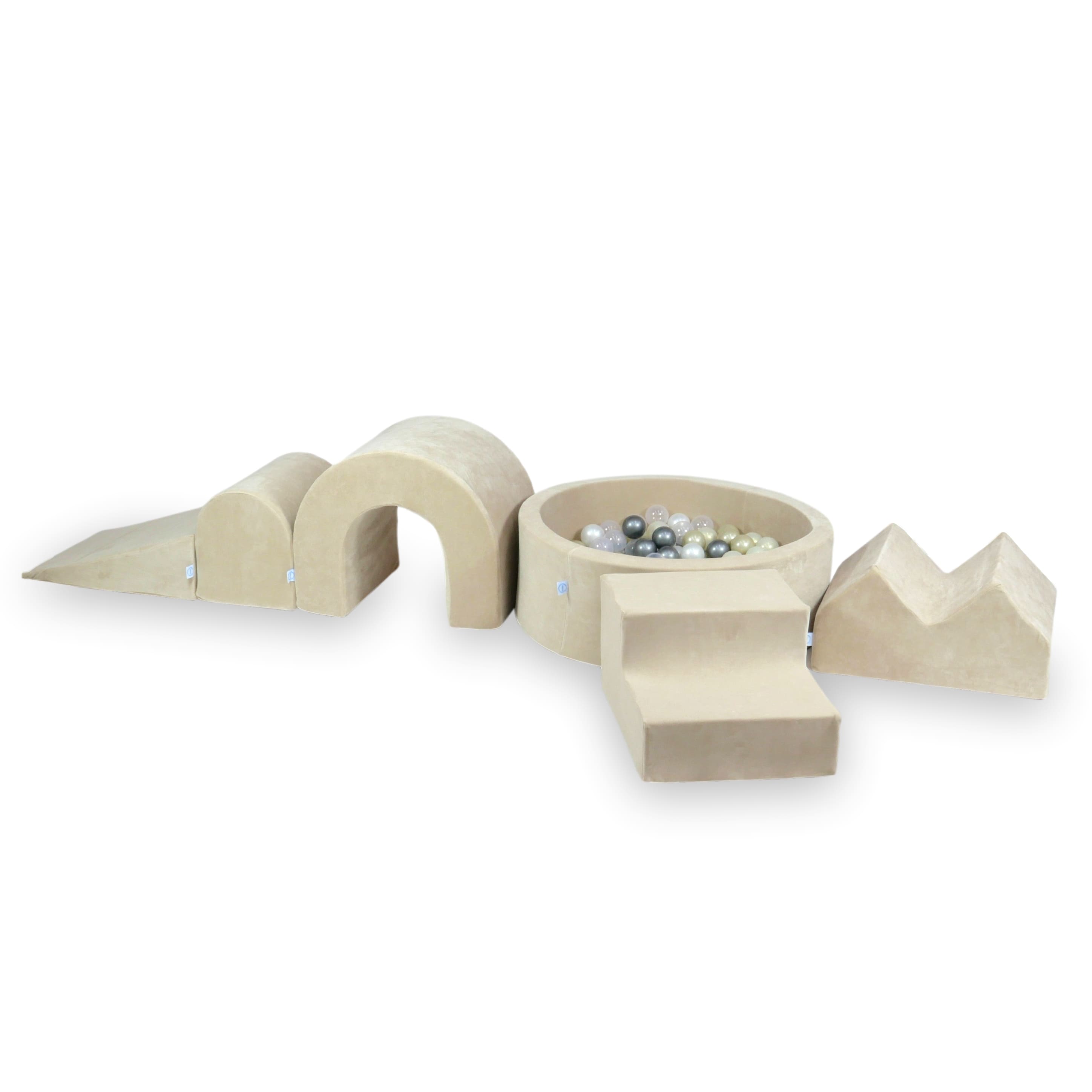 Aire de jeux en mousse avec piscine ronde 90x30 velvet soft beige + 5 éléments + 200 balles