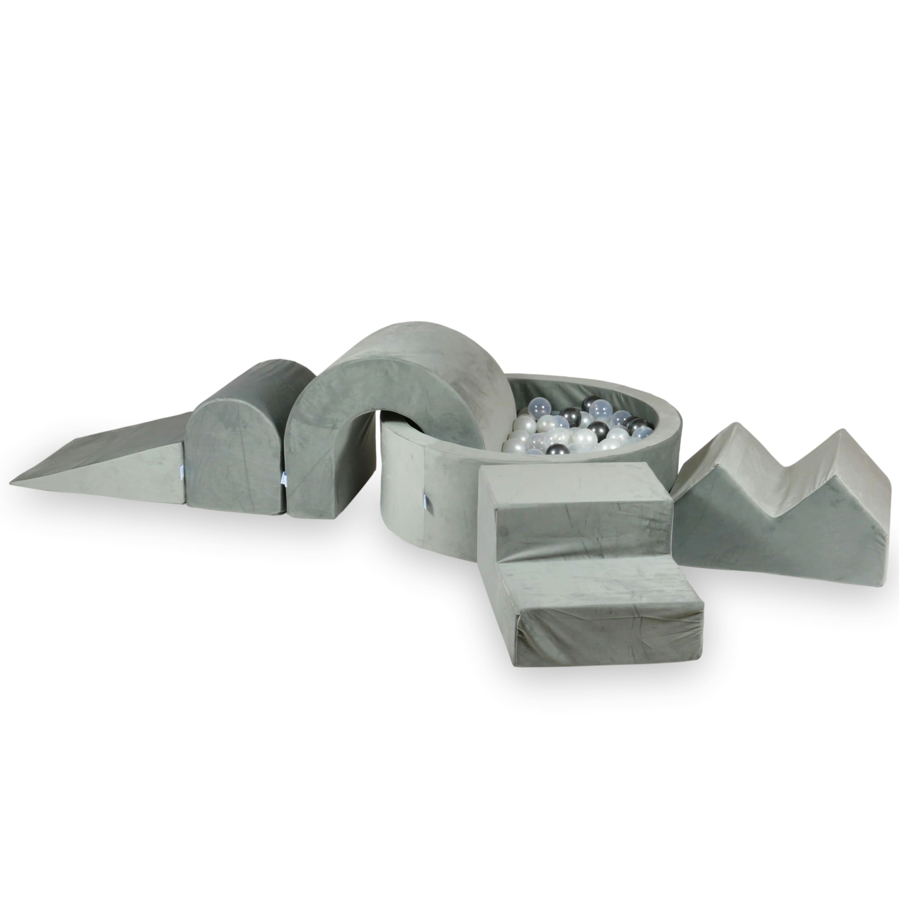 Aire de jeux en mousse avec piscine ronde 90x30 velvet gris + 5 éléments + 200 balles