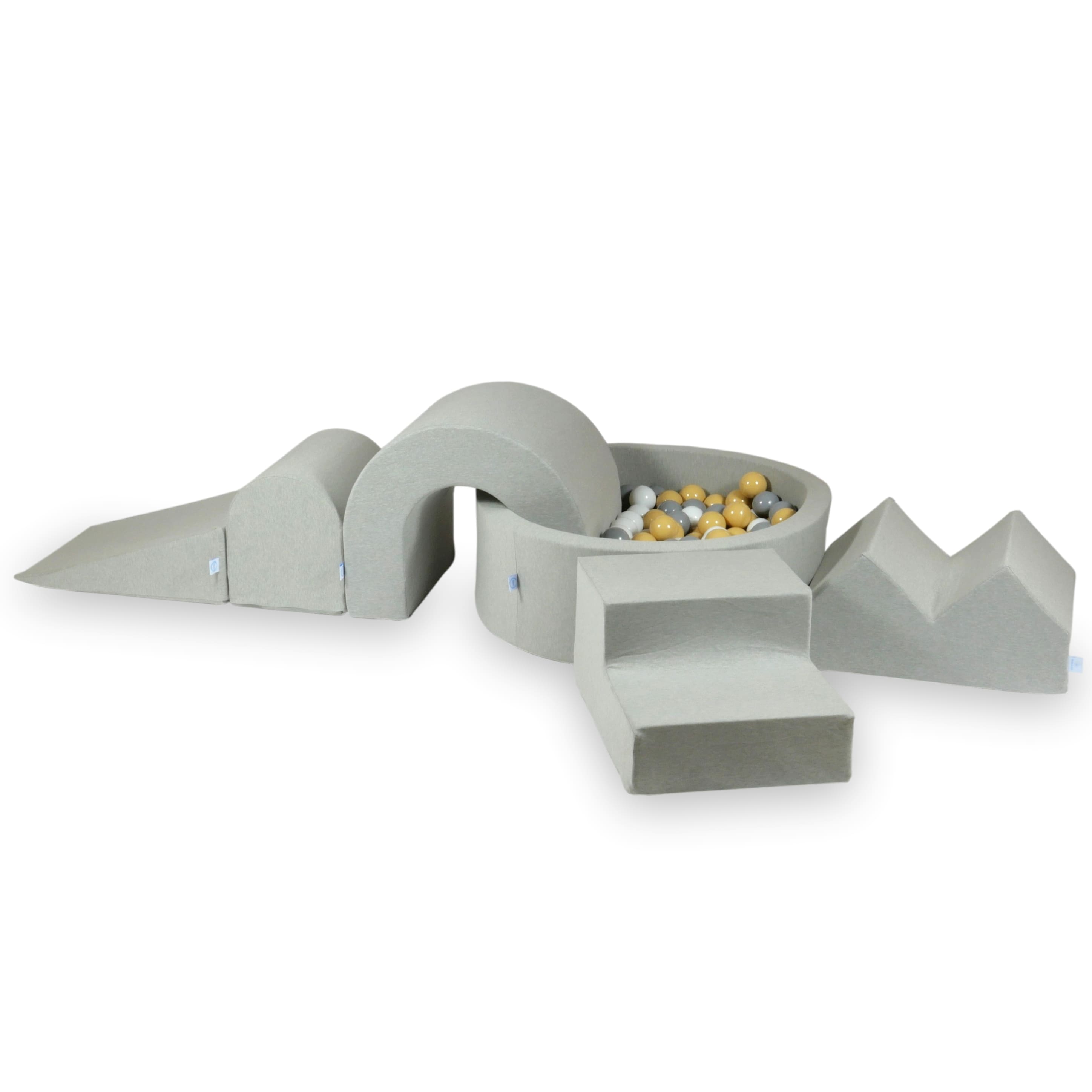 Aire de jeux en mousse avec piscine ronde 90x30 gris clair + 5 éléments + 200 balles