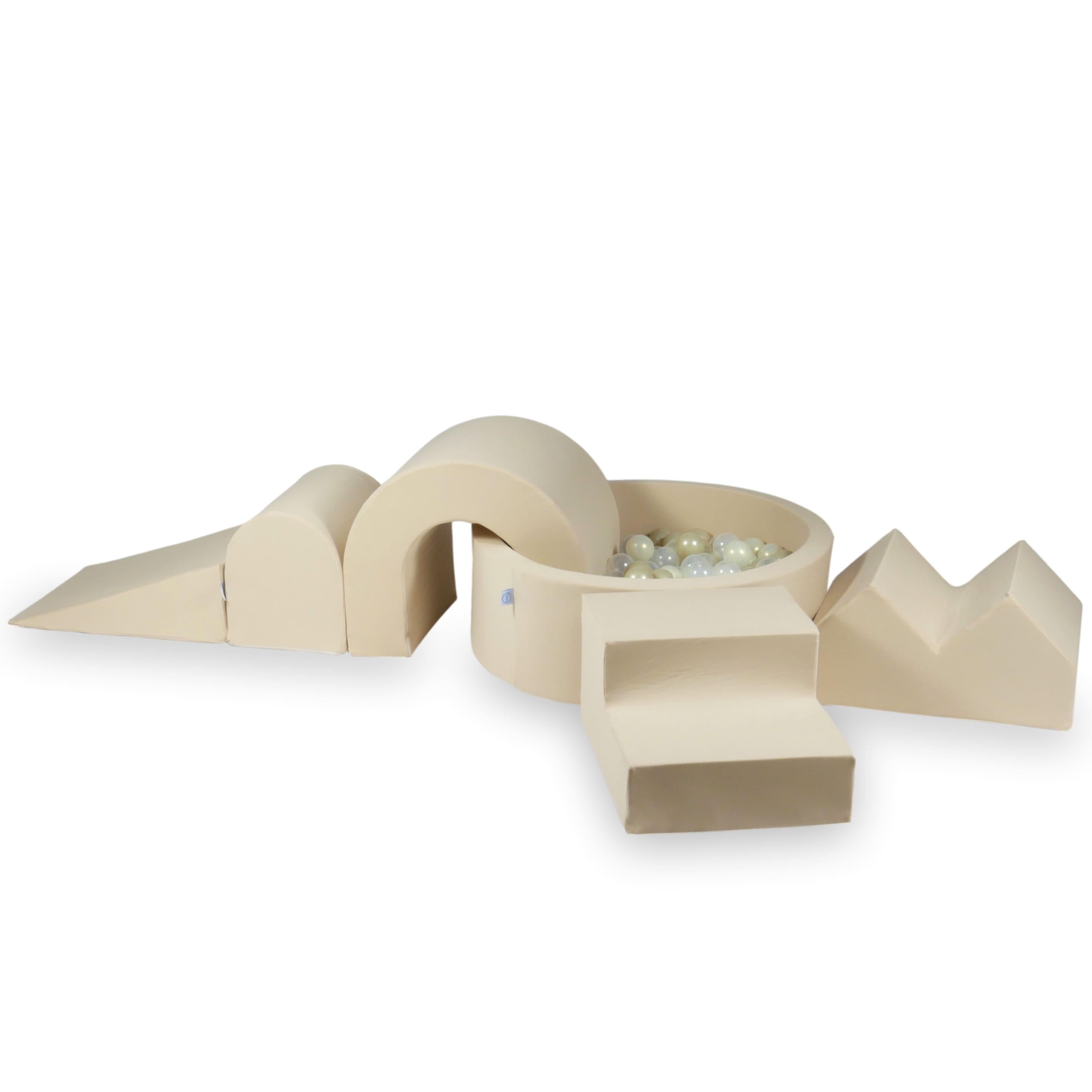 Aire de jeux en mousse avec piscine ronde 90x30 beige + 5 éléments + 200 balles