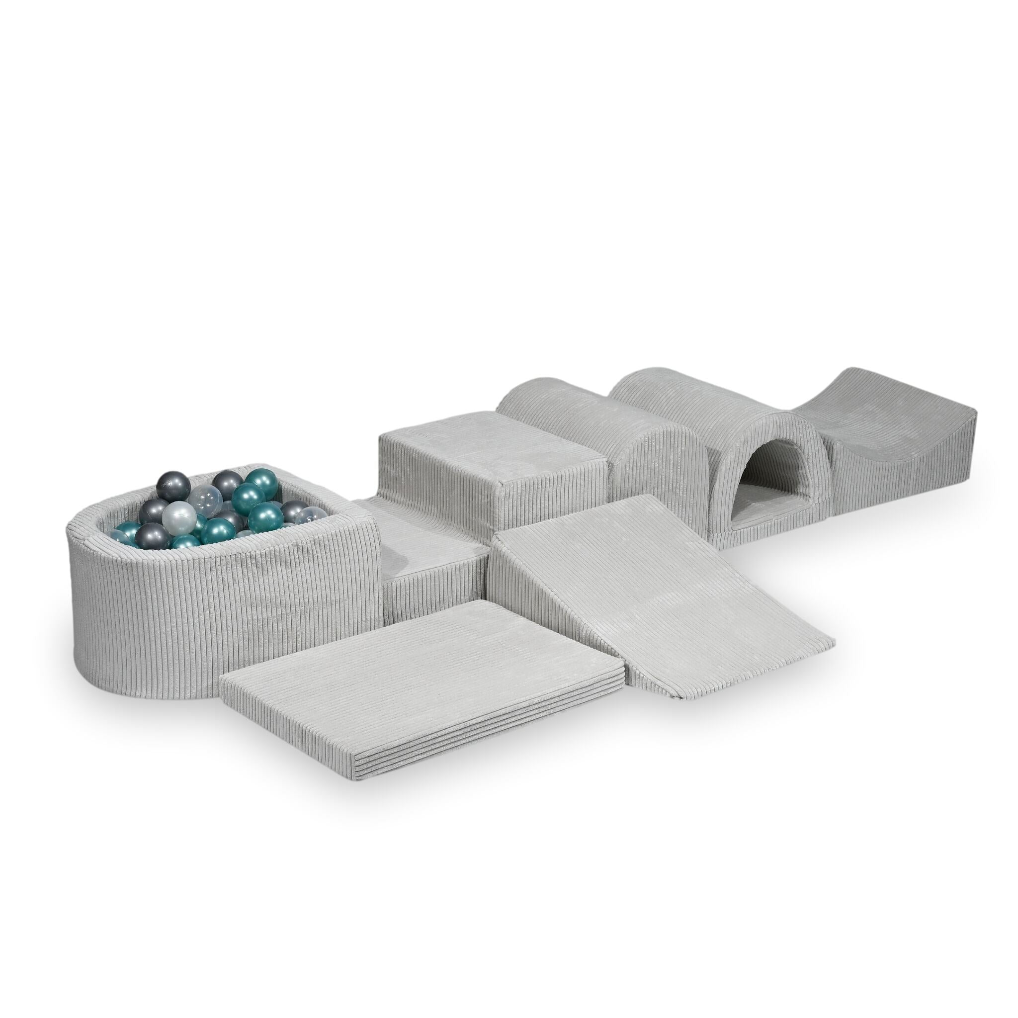 Plus grande aire de jeux en mousse avec piscine micro côtelé gris + 100 balles