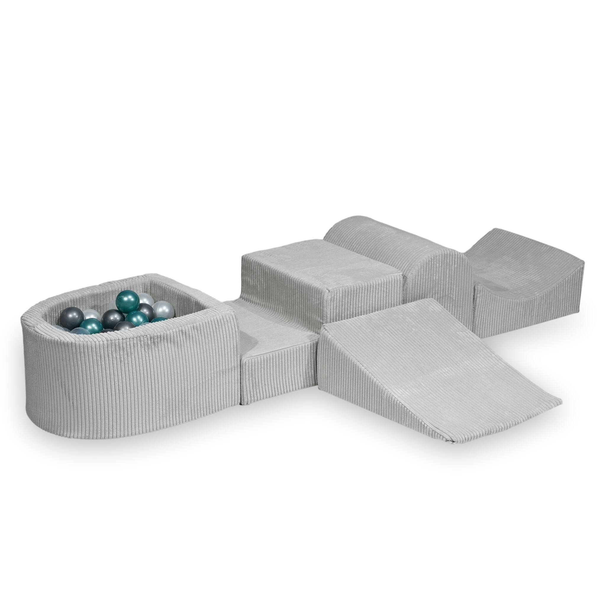 Aire de jeux en mousse avec colline et piscine micro côtelé gris + 100 balles