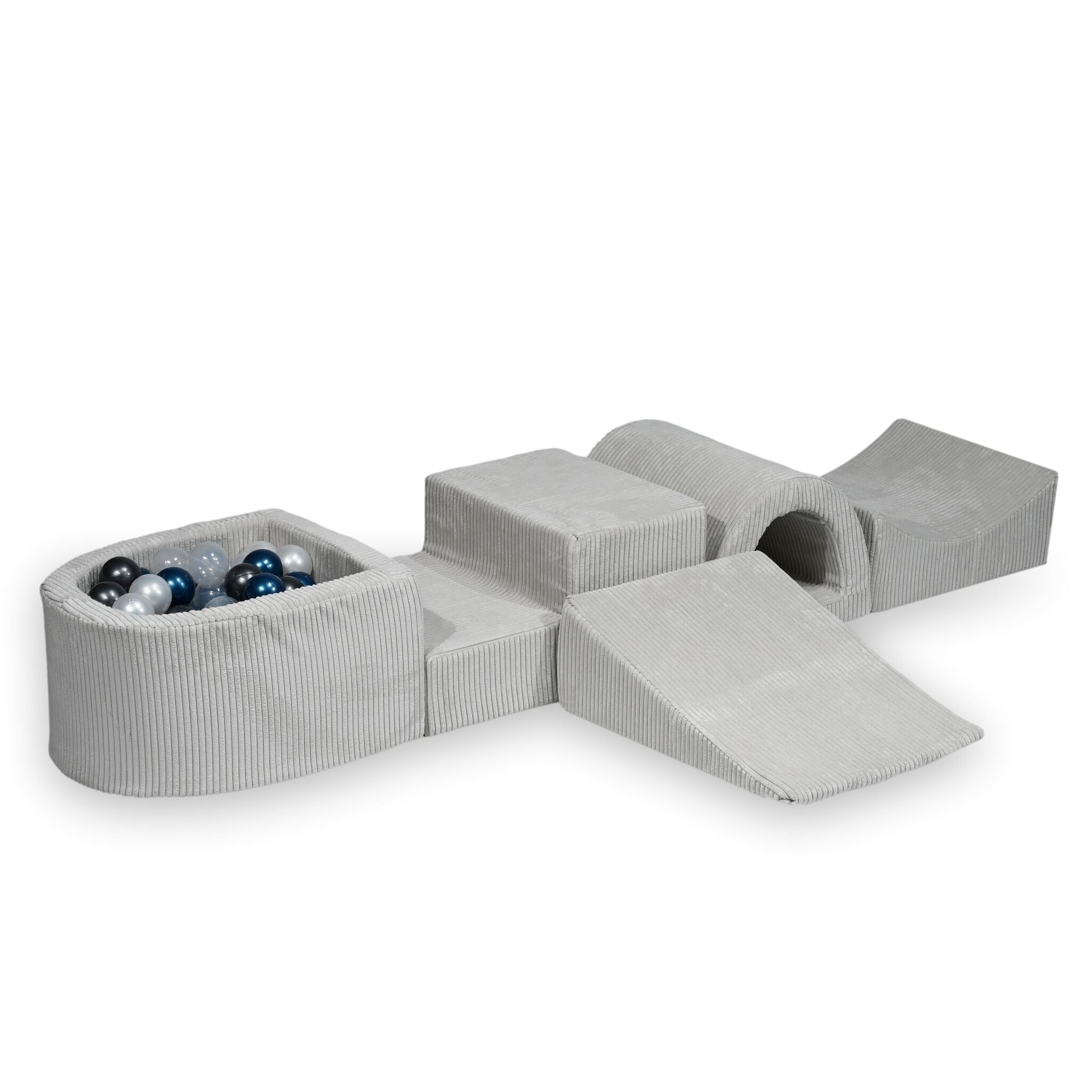 Aire de jeux en mousse avec pont et piscine micro côtelé gris + 100 balles