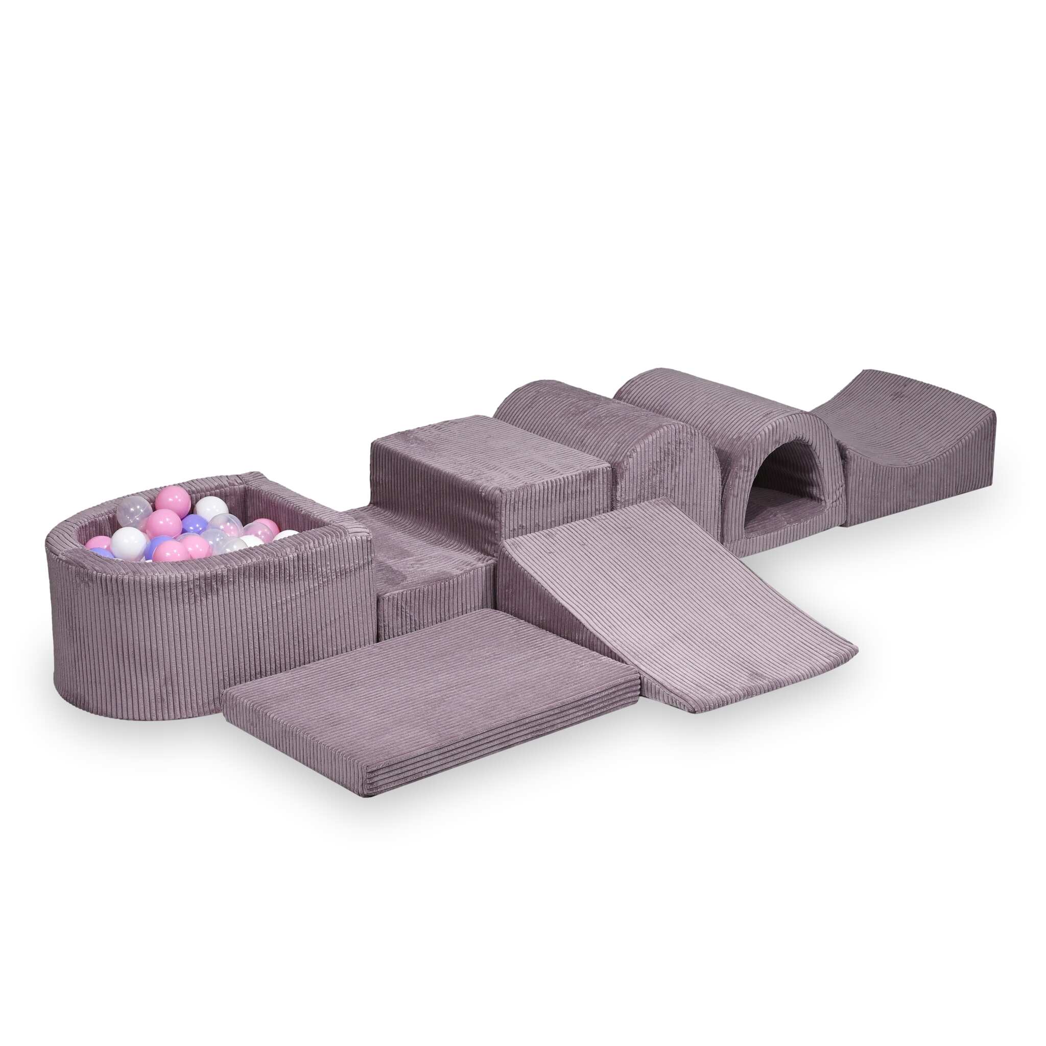 Plus grande aire de jeux en mousse avec piscine micro côtelé lavende + 100 balles