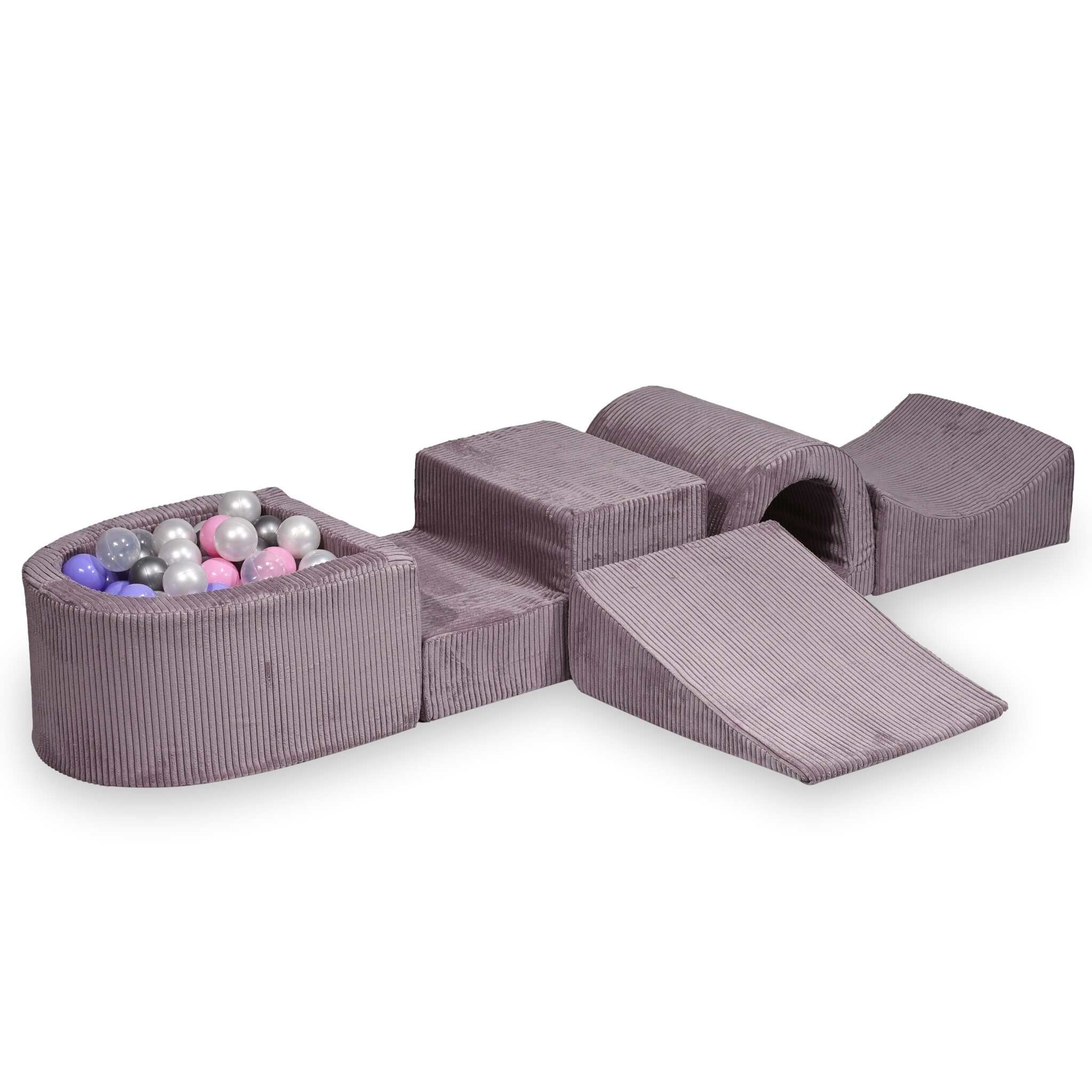 Aire de jeux en mousse avec pont et piscine micro côtelé lavende + 100 balles