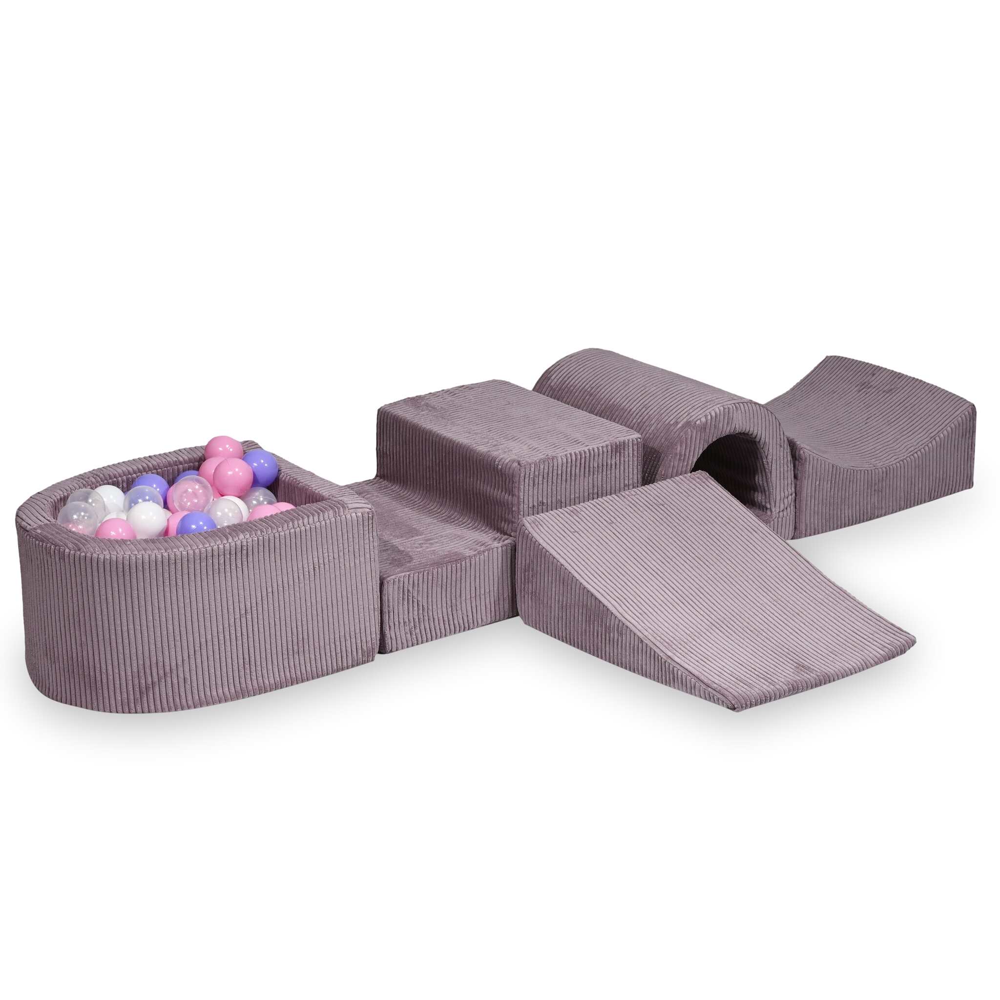 Aire de jeux en mousse avec pont et piscine micro côtelé lavende + 100 balles
