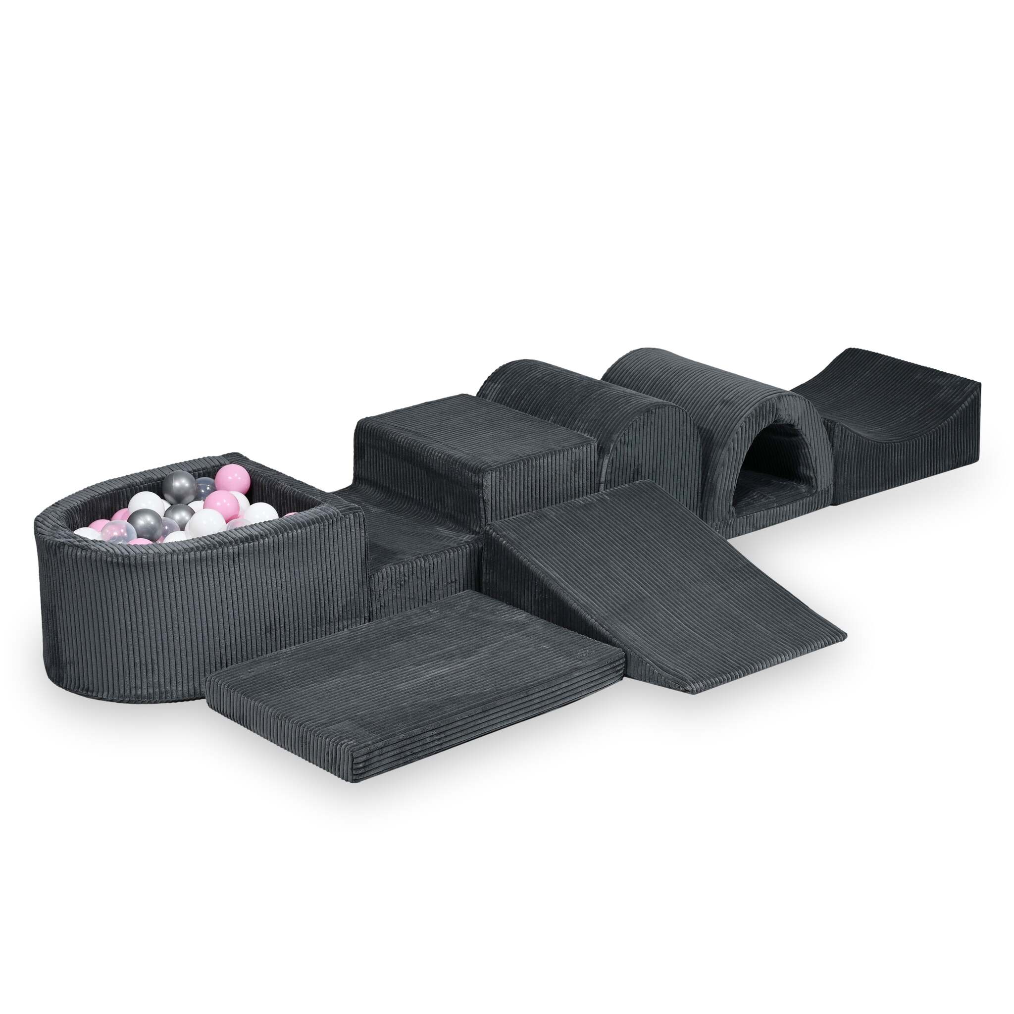 Plus grande aire de jeux en mousse avec piscine micro côtelé graphite + 100 balles