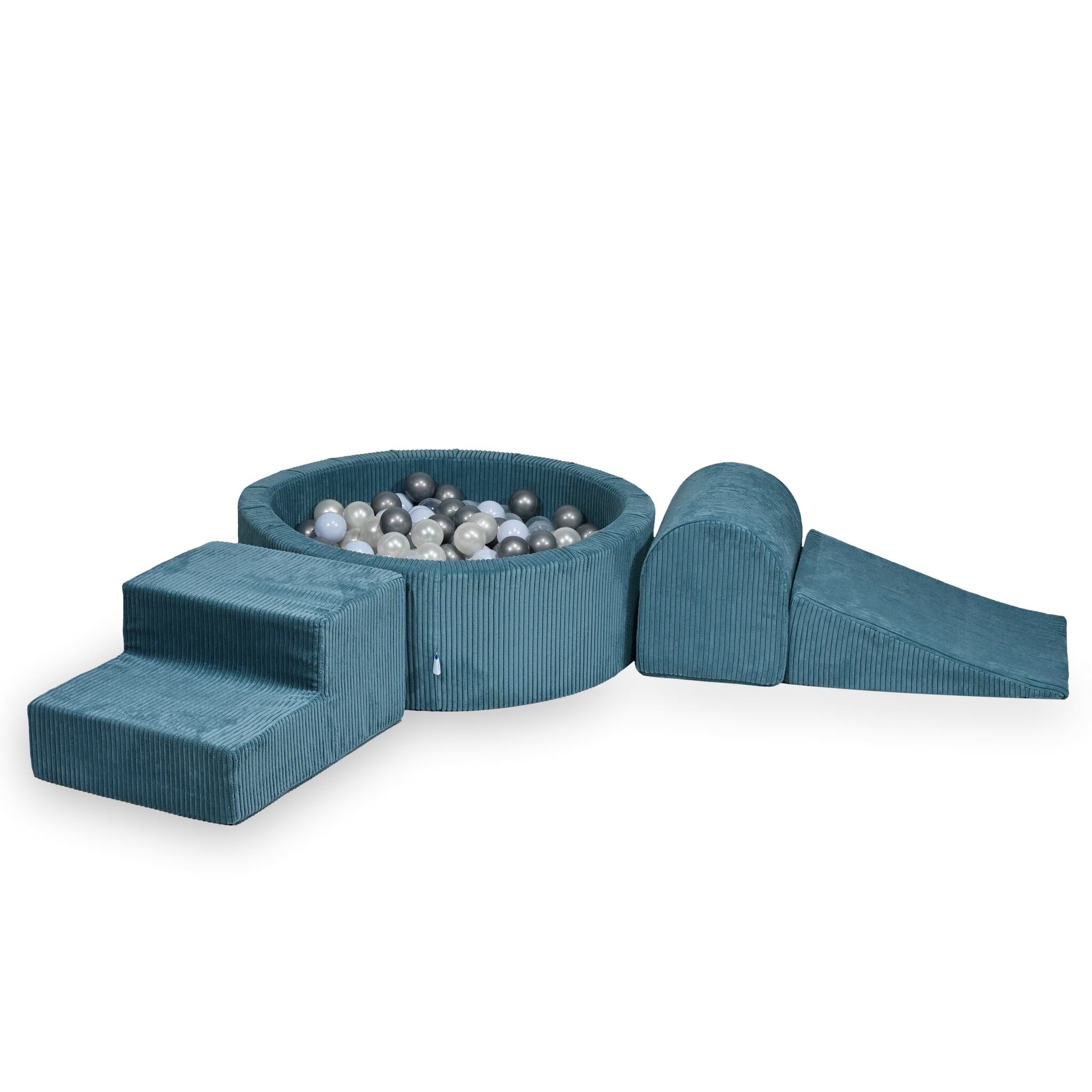 Aire de jeux en mousse avec piscine ronde 90x30 côtelé bleu +200 balles
