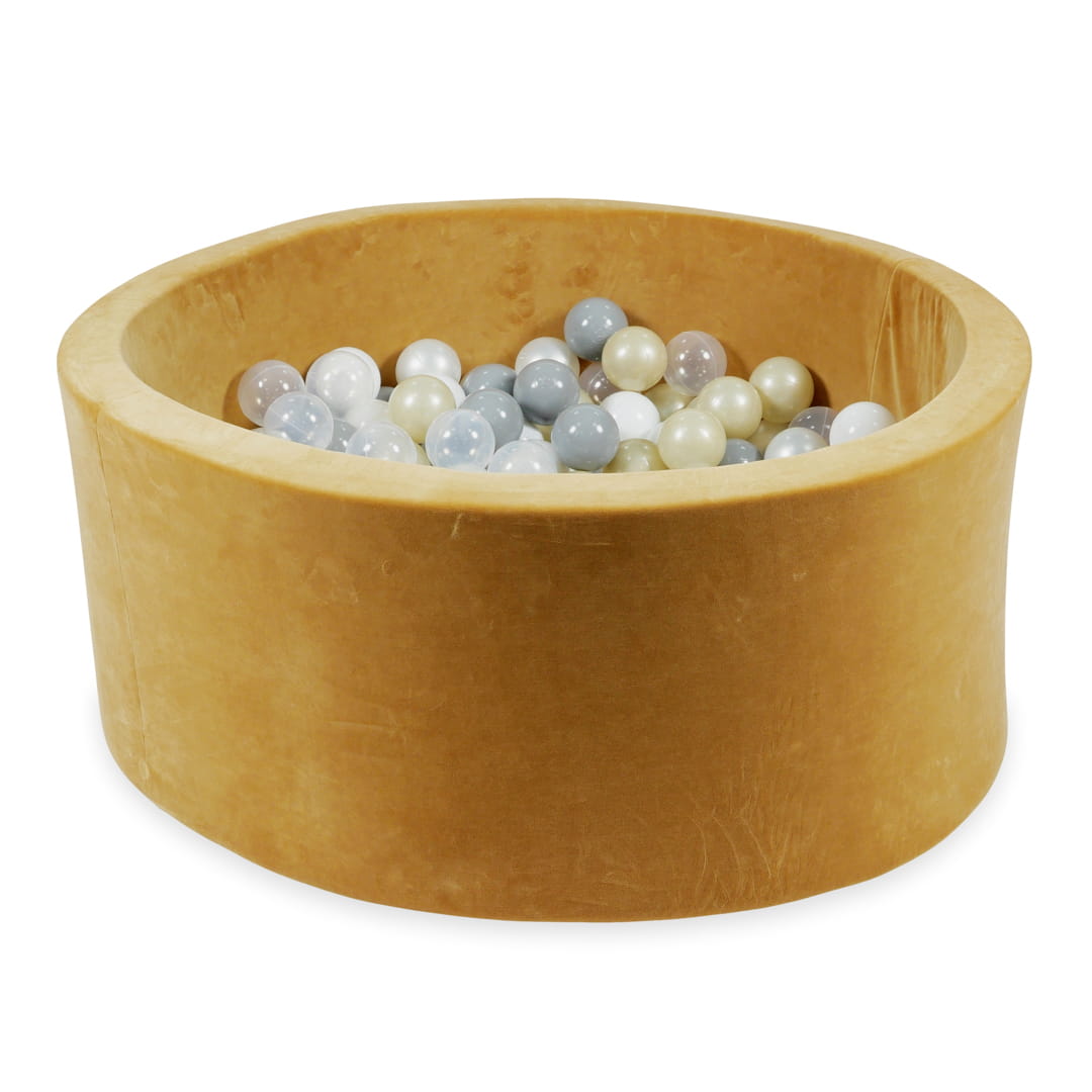 Mimii-Piscine-à Balles-90x40-Velvet-Soft-Carmel-avec-boules-300-pcs-transparent-blanc-perle-gris-or-clair